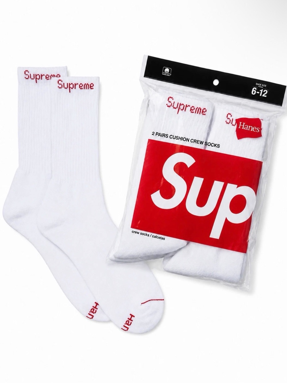 Supreme x Hanes White Crew Socks — 2 Pairs